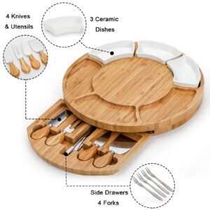 ZENFUN 13 Inch Bamboo Cheese Board and Knife Set, Round Charcuterie Boards with Bowls, Cheese Cutting Platter Serving Tray for Housewarming, Party, Picnic, 13” x 1.5”