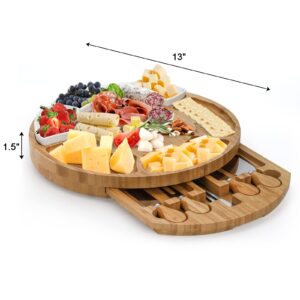 ZENFUN 13 Inch Bamboo Cheese Board and Knife Set, Round Charcuterie Boards with Bowls, Cheese Cutting Platter Serving Tray for Housewarming, Party, Picnic, 13” x 1.5”