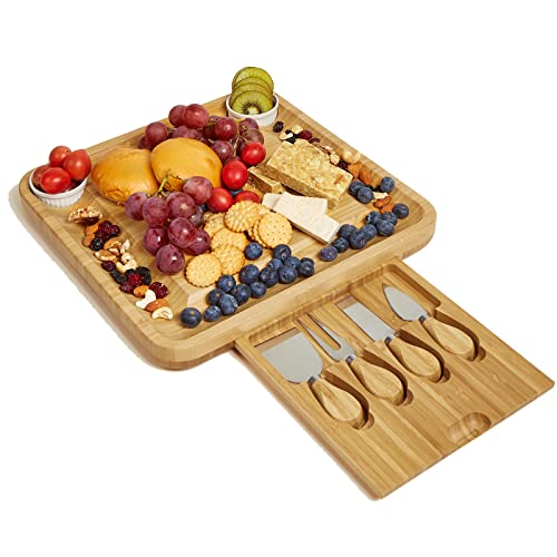 Bamboo Cheese Board Charcuterie Platter with Bowls&Knife Set,Cracker Meat Serving Tray,Ideal Gift for Christmas Wedding Birthday