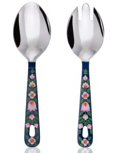 hand painted serving spoon and fork – large stainless steel salad servers. floral colorful kashmiri art - practical decorative and durable, set of 2 with 10 inch handles in cotton bag (blue)