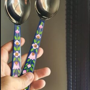 Hand Painted Serving Spoon and Fork – Large Stainless Steel Salad Servers. Floral Colorful Kashmiri Art - Practical Decorative and Durable, Set of 2 with 10 Inch Handles in Cotton Bag (Blue)