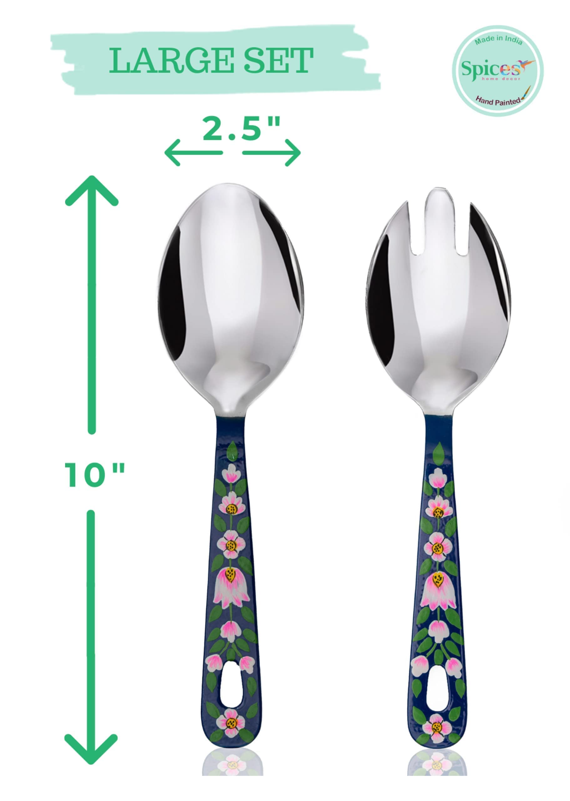Hand Painted Serving Spoon and Fork – Large Stainless Steel Salad Servers. Floral Colorful Kashmiri Art - Practical Decorative and Durable, Set of 2 with 10 Inch Handles in Cotton Bag (Blue)