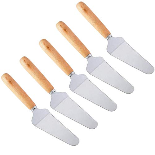 MBBITL 5 x Cake Server Pie Holder Large Triangular Spatula Beech Wood Handle Serrated Edge