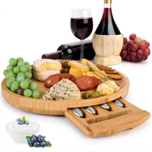 wonenice oval cheese board set with hidden cutlery drawer and 4 stainless steel knife & 4 cheese forks, 16x13 inches extra spaces serving board, gifts for christmas, birthday/parties, wedding/annivers