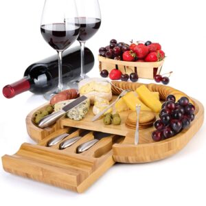 mh zone bamboo cheese board set charcuterie board cheese plate cheese tray with integrated drawer, 4 stainless steel knife and 4 fork, for family, friend or lover