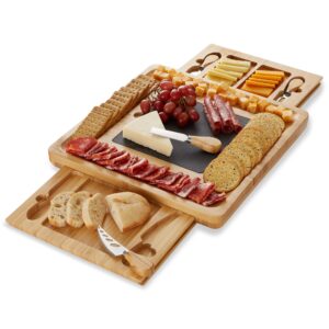 casafield charcuterie boards, large bamboo cheese board and knife gift set - gifts for women, house warming, new home, wedding - wooden serving tray with slate cheese plate and slide-out drawers