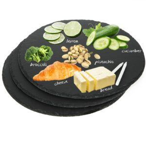 3 pack slate cheese boards, 12 x 12 inch slate cheese tray round charcuterie boards serving tray slate platter display chalkboard with soapstone chalk for serving cheese, appetizer, sushi