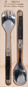jean dubost salad servers, black handles - rust-resistant stainless steel - includes wooden tray - made in france