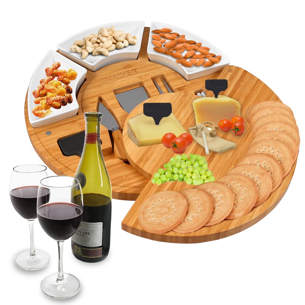 Vaiyer Charcuterie Cheese Cutting Board Set with 13 Inch Round Cheese Board with 3 Knives, 3 Ceramic Bowls with 2 Slate Labels and Chalk Marker, Serving Platter Meat, Housewarming Gift