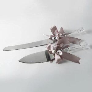 OnePlace Gifts Crystal Wedding Cake Knife & Server Set with Bow and Stainless Steel, Silver