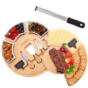 fitnate cheese board set round charcuterie boards with cheese grater, bamboo swivel cheese cutting board and knife set cheese serving platter for thanksgiving day, christmas, family gatherings