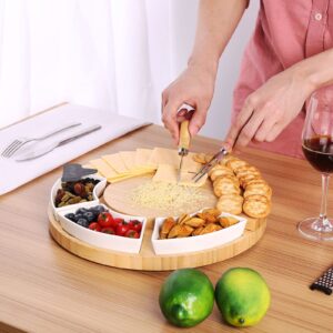 FITNATE Cheese Board Set Round Charcuterie Boards with Cheese Grater, Bamboo Swivel Cheese Cutting Board and Knife Set Cheese Serving Platter for Thanksgiving Day, Christmas, Family Gatherings