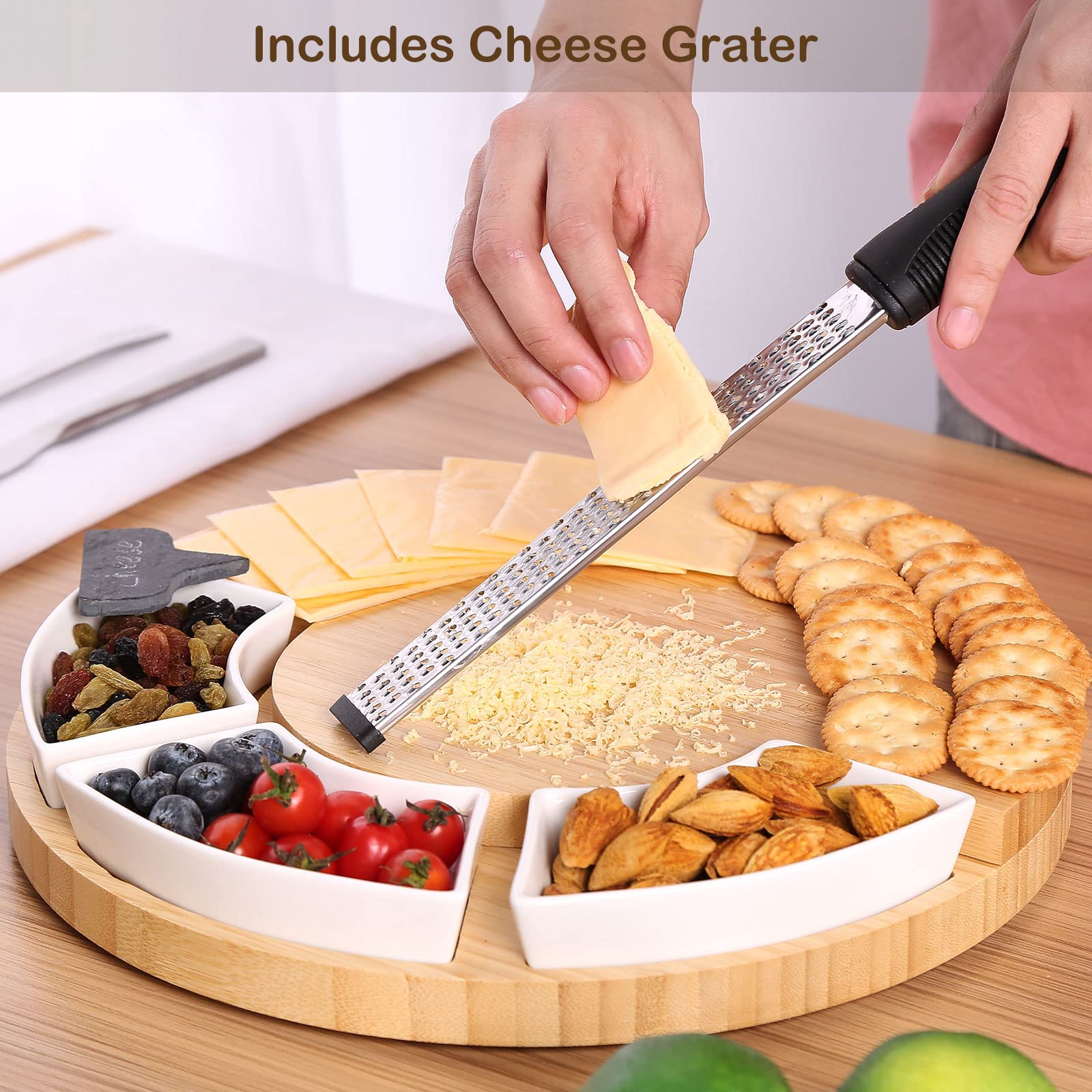 FITNATE Cheese Board Set Round Charcuterie Boards with Cheese Grater, Bamboo Swivel Cheese Cutting Board and Knife Set Cheese Serving Platter for Thanksgiving Day, Christmas, Family Gatherings