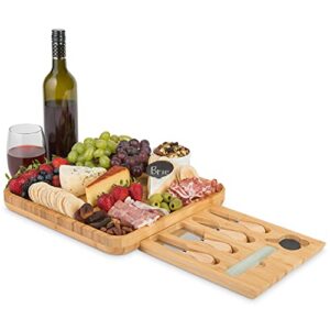 noble nest bamboo cheese board and knife set with drawer, slate labels, marker & travel bag - charcuterie board cheese platter great gifts for wine lovers, bridal shower, wedding