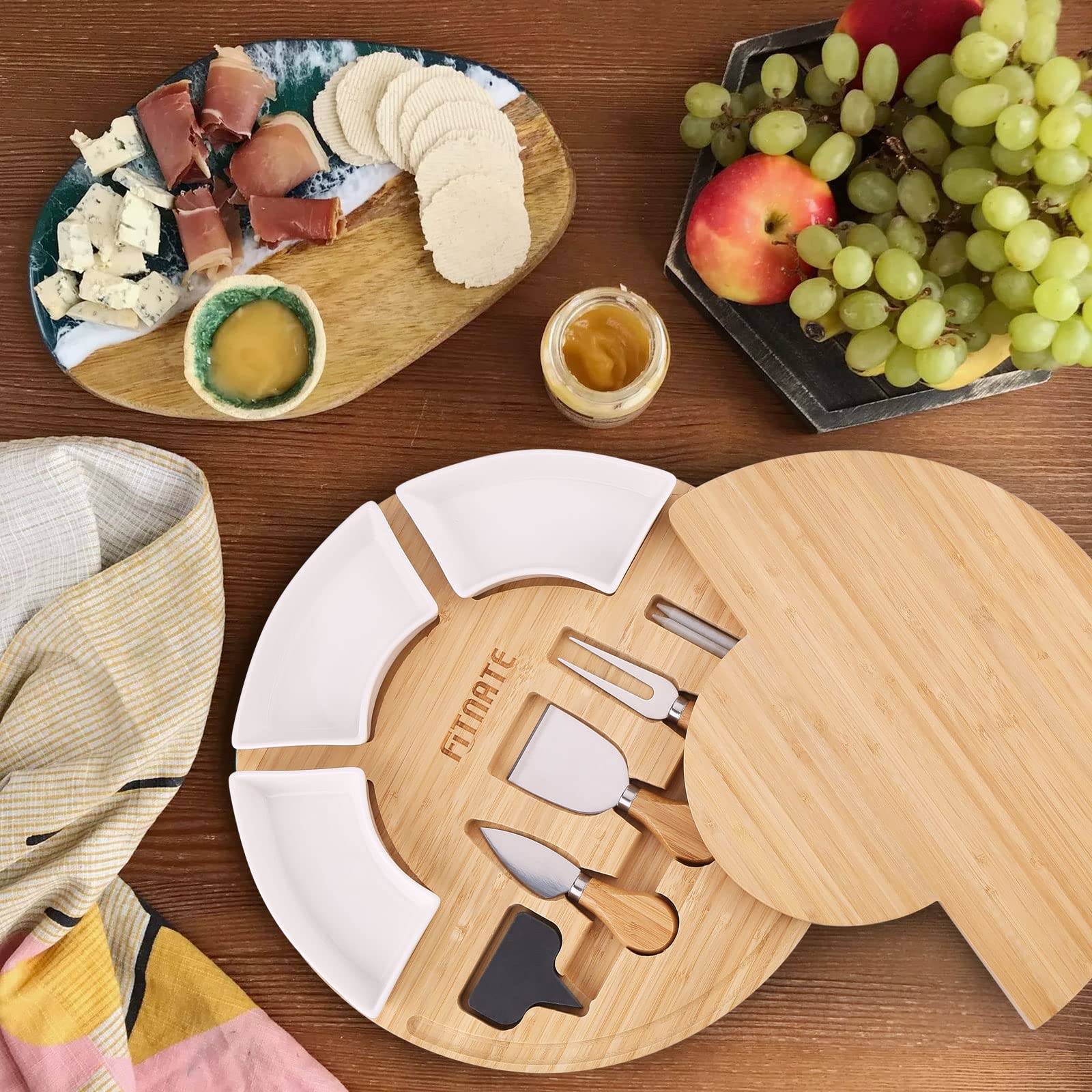 FITNATE Cheese Board Set Round Charcuterie Boards with Cheese Grater, Bamboo Swivel Cheese Cutting Board and Knife Set Cheese Serving Platter for Thanksgiving Day, Christmas, Family Gatherings