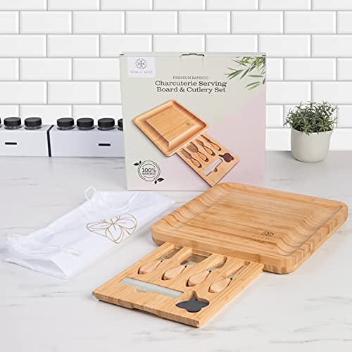 Noble Nest Bamboo Cheese Board and Knife Set with Drawer, Slate Labels, Marker & Travel Bag - Charcuterie Board Cheese Platter Great Gifts for Wine Lovers, Bridal Shower, Wedding