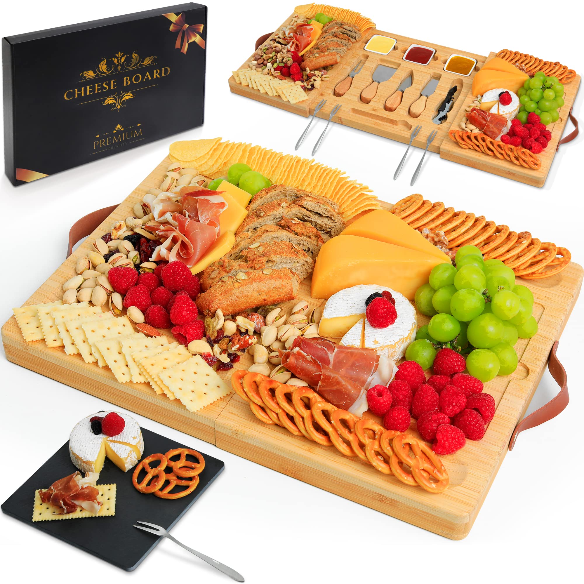 Charcuterie Boards Bamboo Cheese Board - Cheese Tray & Serving Board, Charcuterie Board Set with Cutlery & Knife Set, Cheese Platter& Cheese Boards for Wedding, New Home Housewarming, Birthday Gifts…