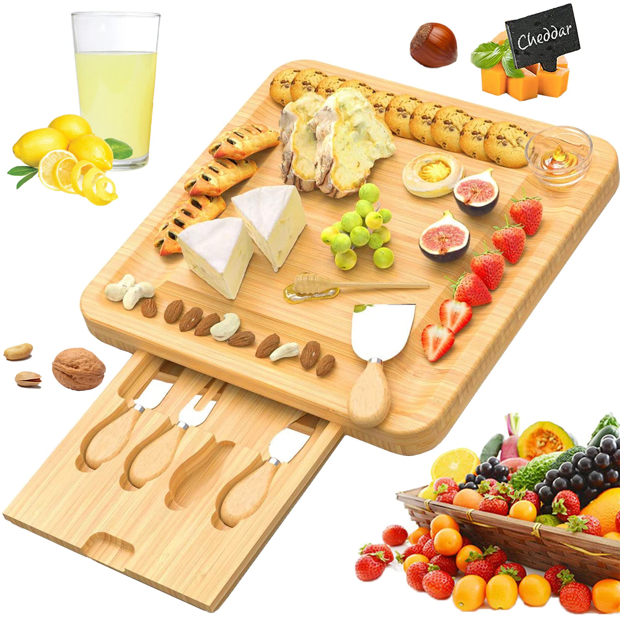 Wisdture Bamboo Cheese Board and Knife Set,Large Charcuterie Board Suitable for Cheese Service,Cheese Board for Christmas Day-Unique Wedding and Housewarming Gift, Bridal Shower Gift for Women