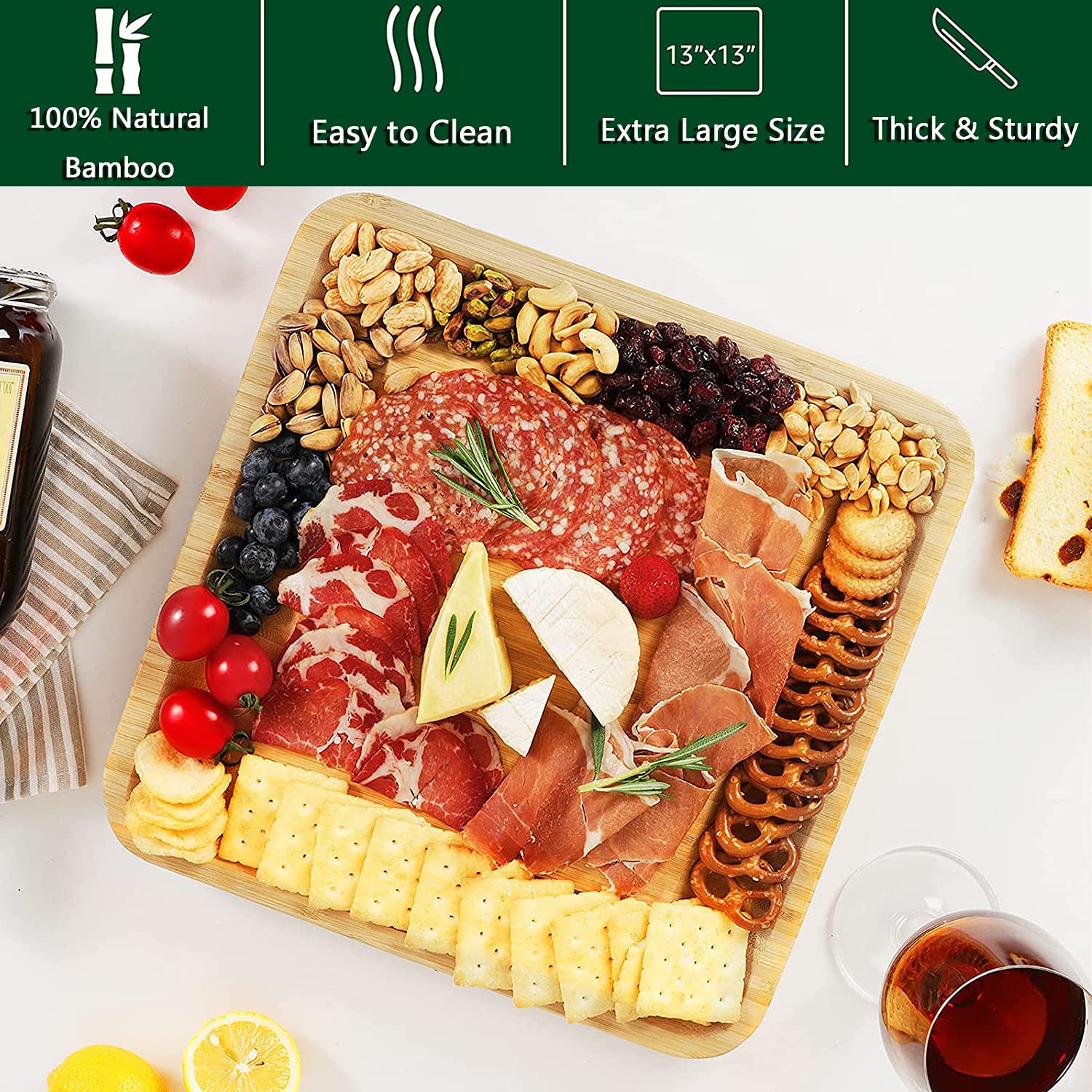 Wisdture Bamboo Cheese Board and Knife Set,Large Charcuterie Board Suitable for Cheese Service,Cheese Board for Christmas Day-Unique Wedding and Housewarming Gift, Bridal Shower Gift for Women