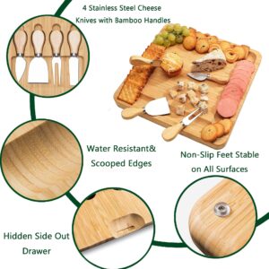 Wisdture Bamboo Cheese Board and Knife Set,Large Charcuterie Board Suitable for Cheese Service,Cheese Board for Christmas Day-Unique Wedding and Housewarming Gift, Bridal Shower Gift for Women