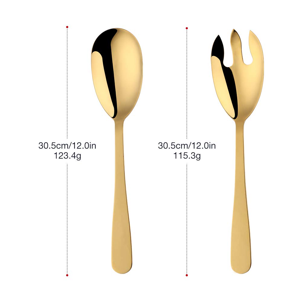Mingcheng 12 Inches Stainless Steel Salad Server Sets with Salad Spoon and Fork, Cooking Utensils for Kitchen, Simple and Classic Dishwasher Safe(Gold)