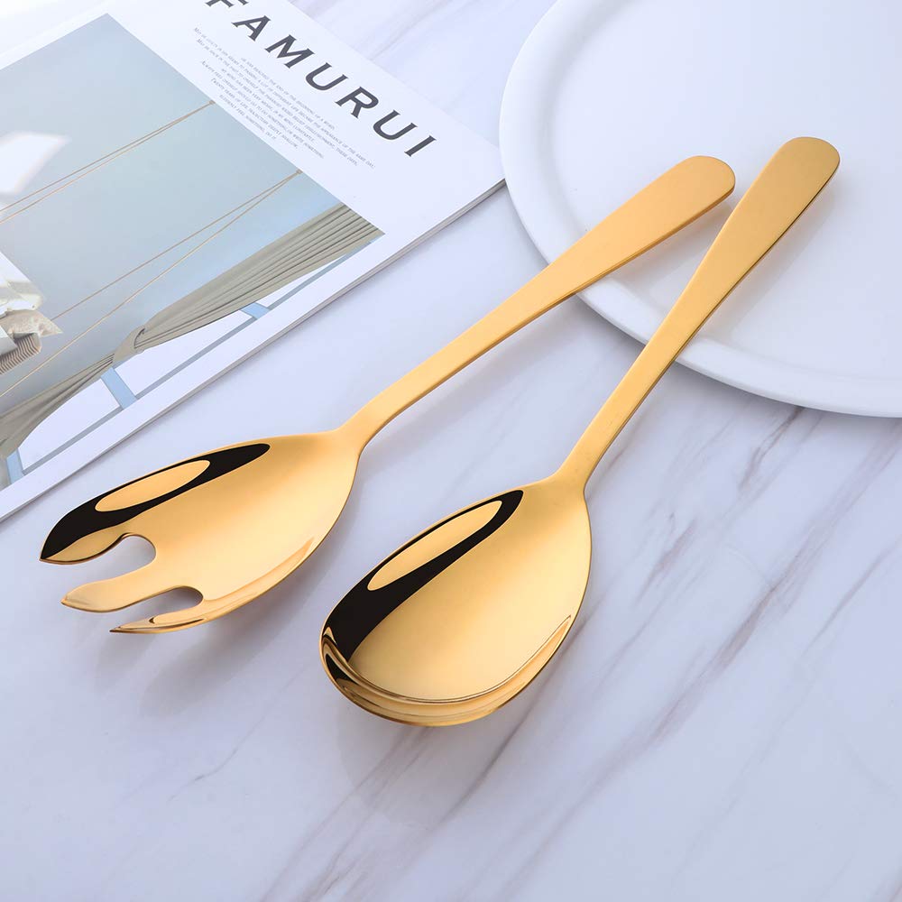 Mingcheng 12 Inches Stainless Steel Salad Server Sets with Salad Spoon and Fork, Cooking Utensils for Kitchen, Simple and Classic Dishwasher Safe(Gold)