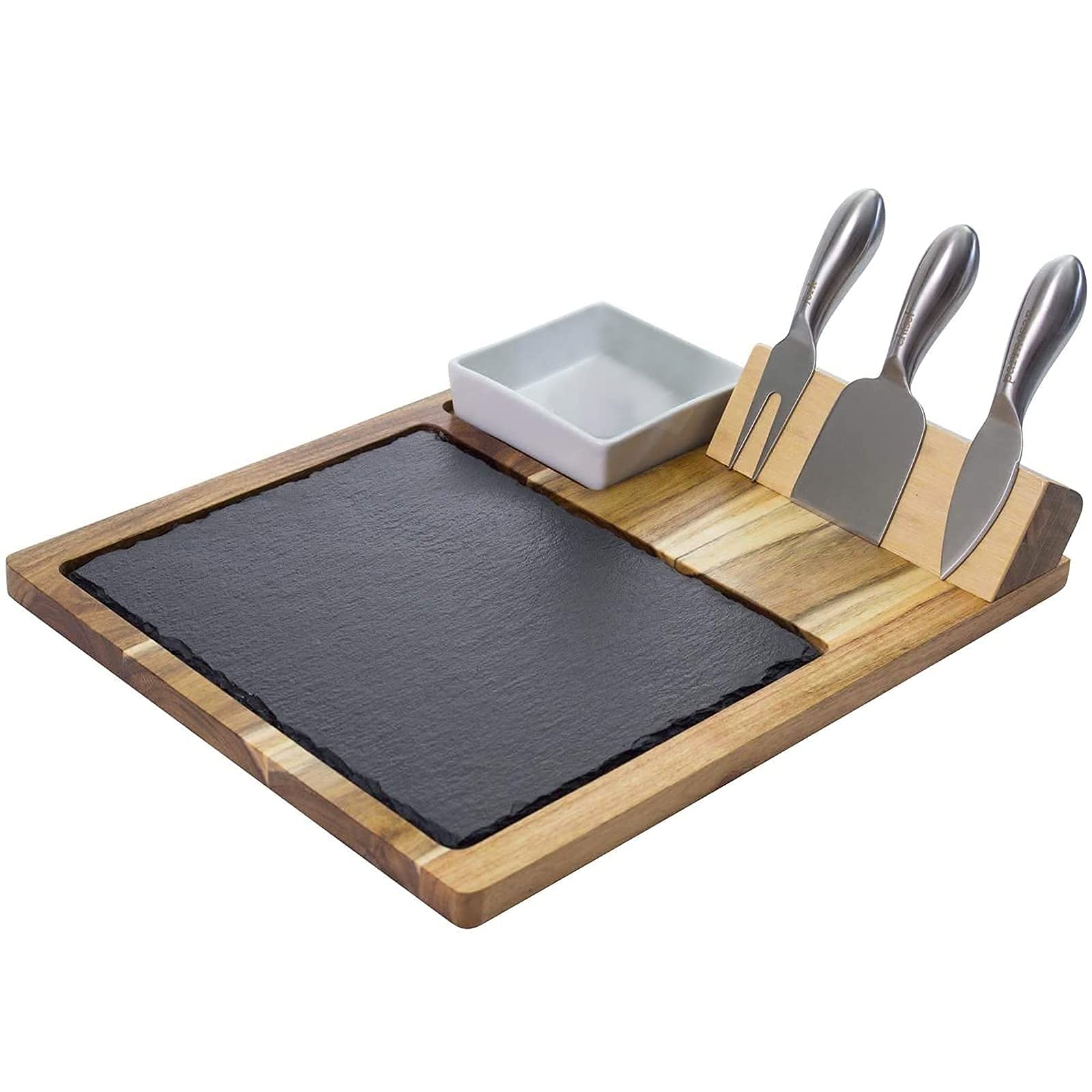 Zelancio Slate Cheese Board Set, 10 Piece Set Includes 4 Stainless Steel Cheese Tools, Premium Acacia Serving Tray with Slate Board, and Porcelain Olive Dish