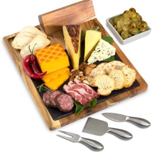 Zelancio Slate Cheese Board Set, 10 Piece Set Includes 4 Stainless Steel Cheese Tools, Premium Acacia Serving Tray with Slate Board, and Porcelain Olive Dish