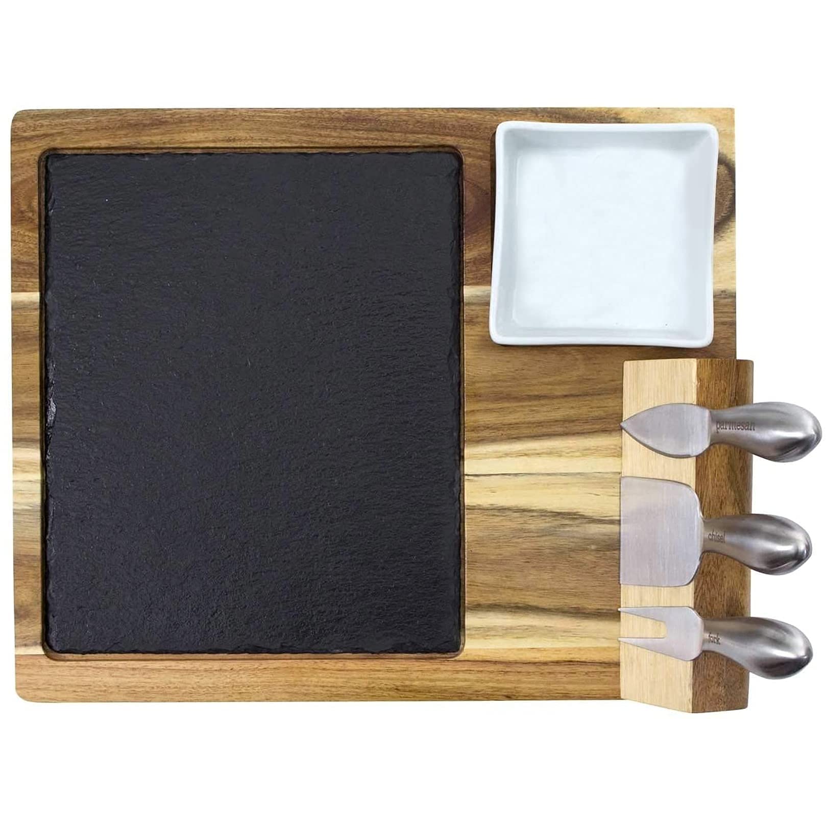 Zelancio Slate Cheese Board Set, 10 Piece Set Includes 4 Stainless Steel Cheese Tools, Premium Acacia Serving Tray with Slate Board, and Porcelain Olive Dish