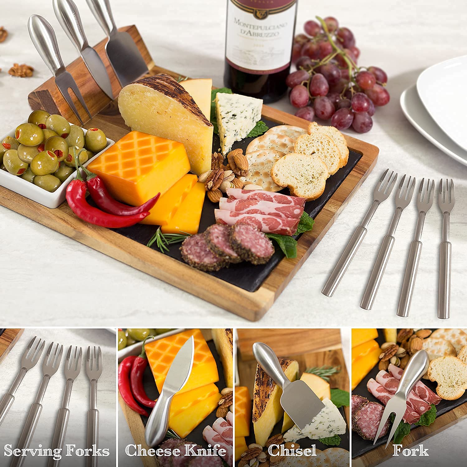 Zelancio Slate Cheese Board Set, 10 Piece Set Includes 4 Stainless Steel Cheese Tools, Premium Acacia Serving Tray with Slate Board, and Porcelain Olive Dish