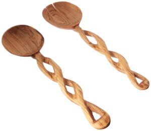 kenyan hand carved twisted olive wood salad serving set