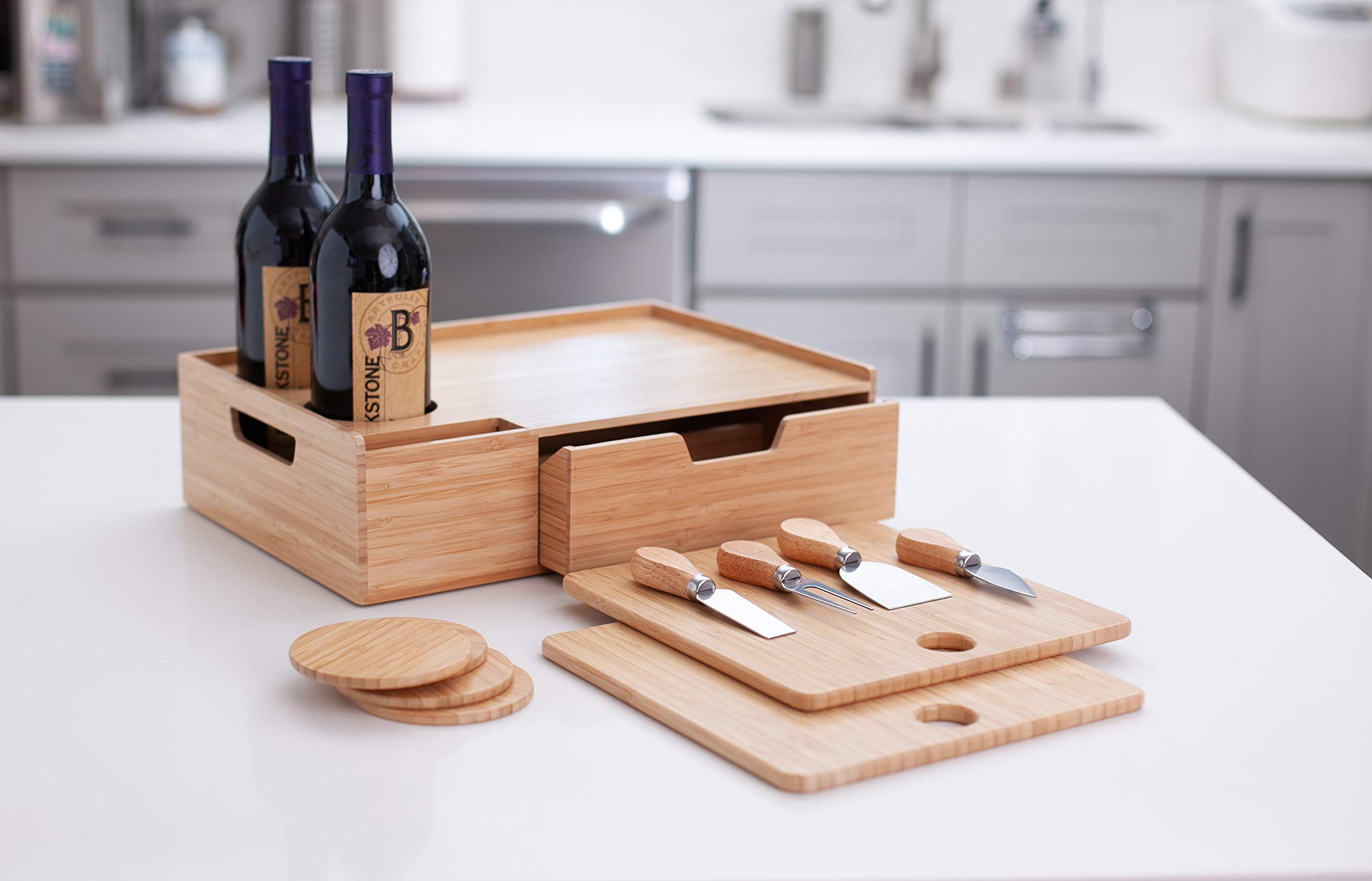 MV Bamboo Wine & Cheese Serving Tray Plus Drawer for Extra Storage Includes Coasters, Cheese Knives, Serving Boards & Handles for Easy Carrying