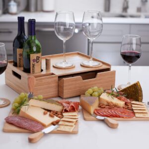 MV Bamboo Wine & Cheese Serving Tray Plus Drawer for Extra Storage Includes Coasters, Cheese Knives, Serving Boards & Handles for Easy Carrying