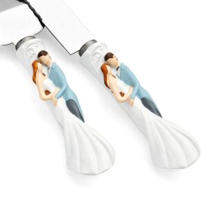 OnePlace Gifts Bride and Groom Wedding Cake Knife and Server Set Bridal Keepsakes White and Light Blue 12.5inch