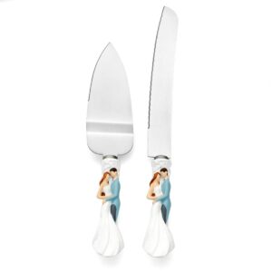 OnePlace Gifts Bride and Groom Wedding Cake Knife and Server Set Bridal Keepsakes White and Light Blue 12.5inch