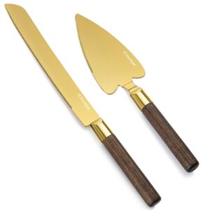 emonya wedding cake knife and server set, cake cutter,stainless steel gold cake knife and server set ideal for wedding,birthdays,holiday,50th anniversary and events,true love (set of 2)