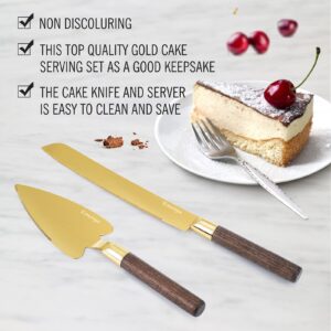 Emonya Wedding Cake Knife and Server Set, Cake Cutter,Stainless Steel Gold Cake Knife and Server Set Ideal for Wedding,Birthdays,Holiday,50th anniversary and Events,True Love (Set of 2)