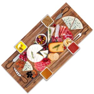 G Francis Large Charcuterie Boards with Bowls and Cheese Board Knife Set - 12.5in Square Acacia Wood Serving Platter Set