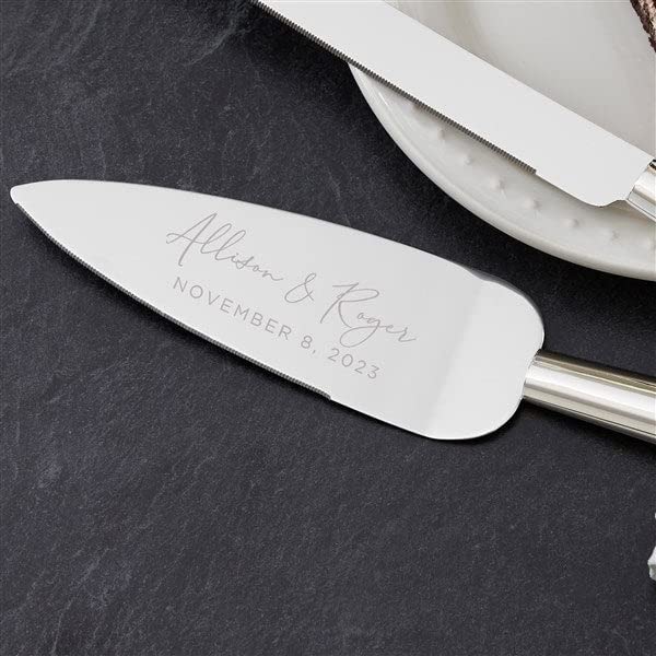 Personalization Universe Personalized Elegant Couple Engraved Silver Wedding Cake Knife & Server Set, Customizable with Names and Message, Cake Cutting and Serving Set