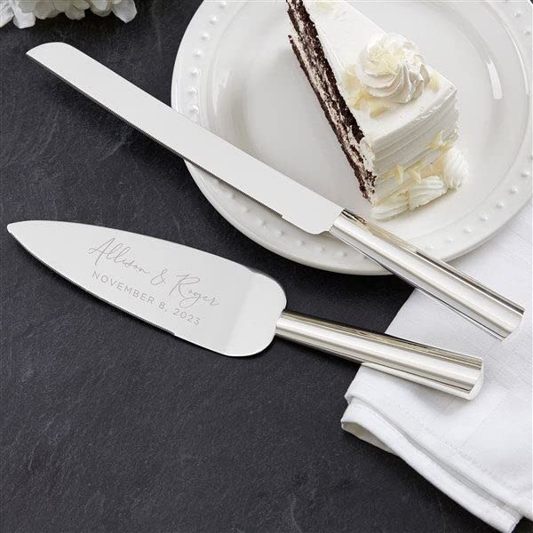 Personalization Universe Personalized Elegant Couple Engraved Silver Wedding Cake Knife & Server Set, Customizable with Names and Message, Cake Cutting and Serving Set