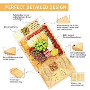 Unique Bamboo Cheese Board and Knife Set, Large Charcuterie Board Set, Premium Cheese Platter Set, Best For Housewarming Gift, New Home, Wedding Gifts for Couple