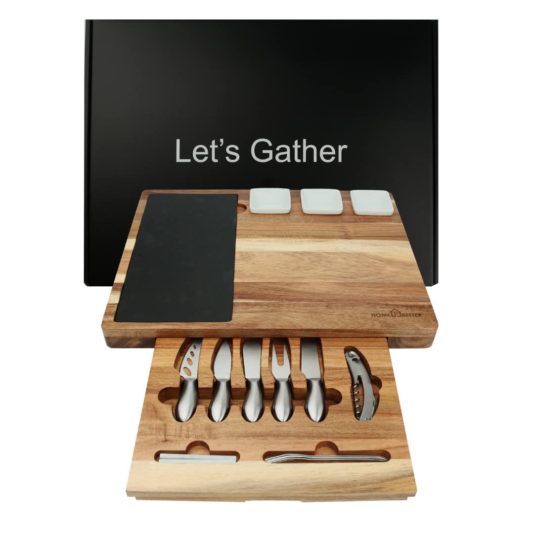 Cheese Board and Knife Set with Drawer:Large Charcuterie Board Set&Cheese Platter with Stainless Steel Knives, Bowls and Slates-House Warming&New Home Gifts,Bridal&Wedding Gifts