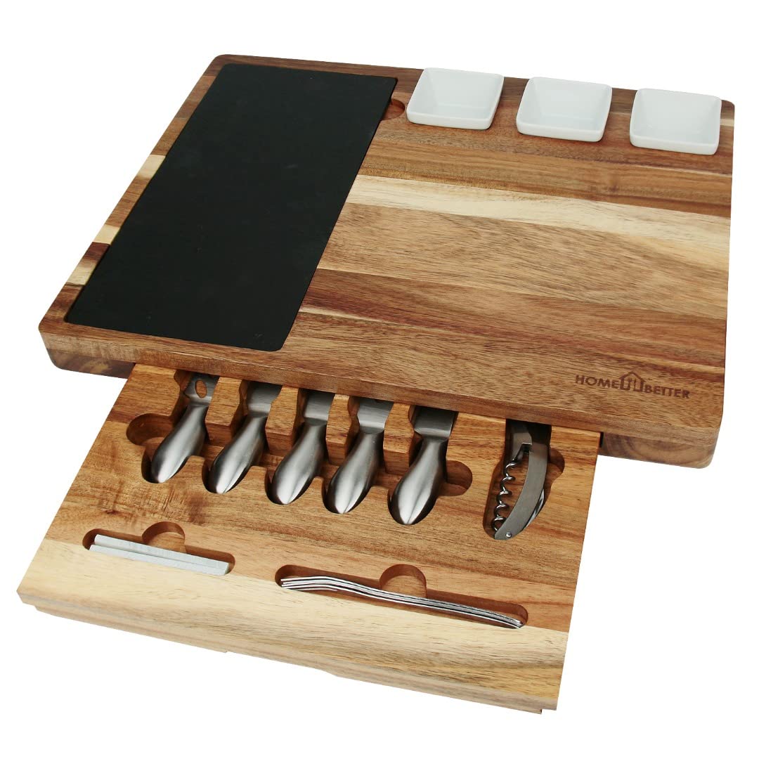 Cheese Board and Knife Set with Drawer:Large Charcuterie Board Set&Cheese Platter with Stainless Steel Knives, Bowls and Slates-House Warming&New Home Gifts,Bridal&Wedding Gifts