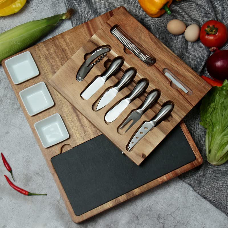 Cheese Board and Knife Set with Drawer:Large Charcuterie Board Set&Cheese Platter with Stainless Steel Knives, Bowls and Slates-House Warming&New Home Gifts,Bridal&Wedding Gifts