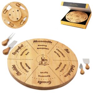 permaggio wine pairing cheese board and knife set, wine and cheese serving set lazy susan tray, 12.5" natural moso bamboo charcuterie platter, perfect hostess gift, swivel server cheeseboard gift set