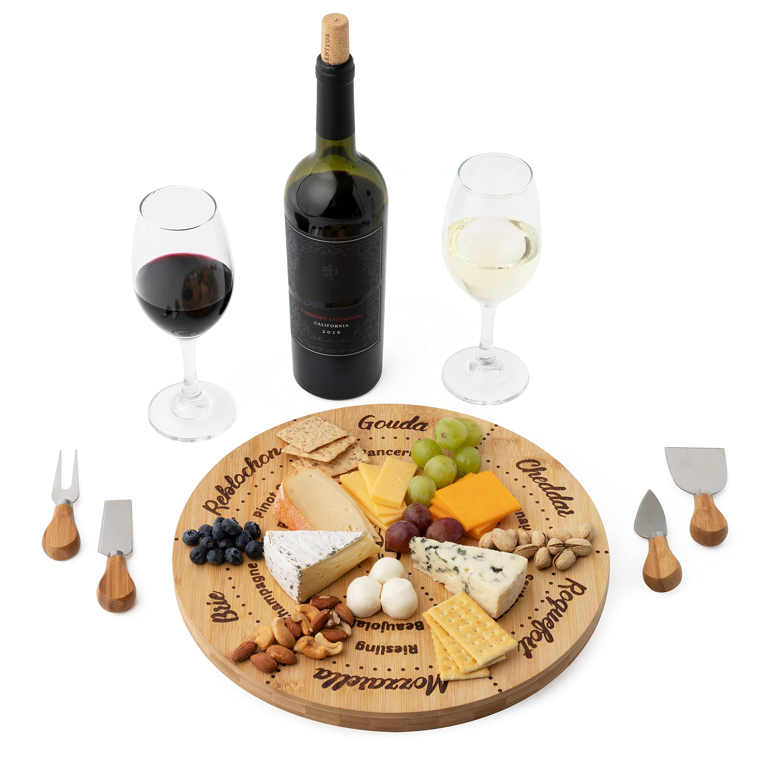 Permaggio Wine Pairing Cheese Board and Knife Set, Wine and Cheese Serving Set Lazy Susan Tray, 12.5" Natural Moso Bamboo Charcuterie Platter, Perfect Hostess Gift, Swivel Server Cheeseboard Gift Set