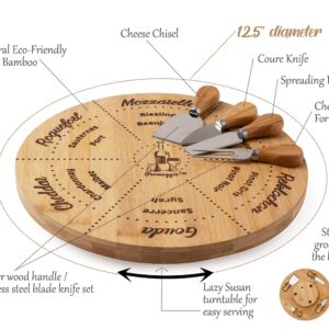 Permaggio Wine Pairing Cheese Board and Knife Set, Wine and Cheese Serving Set Lazy Susan Tray, 12.5" Natural Moso Bamboo Charcuterie Platter, Perfect Hostess Gift, Swivel Server Cheeseboard Gift Set