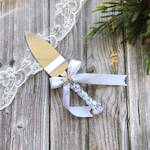 Abbie Home Wedding Cake Knife and Server Set - Flower Wrapped Handle with Silk Bow and Rhinestone Jewelry Décor (Butterfly)