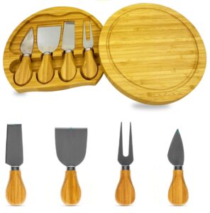 cheese board with cheese tools round cutlery set bamboo charcuterie board set with 4 knives comes with slide out drawer platter serving tray durable best gift for wedding birthday housewarming (20)