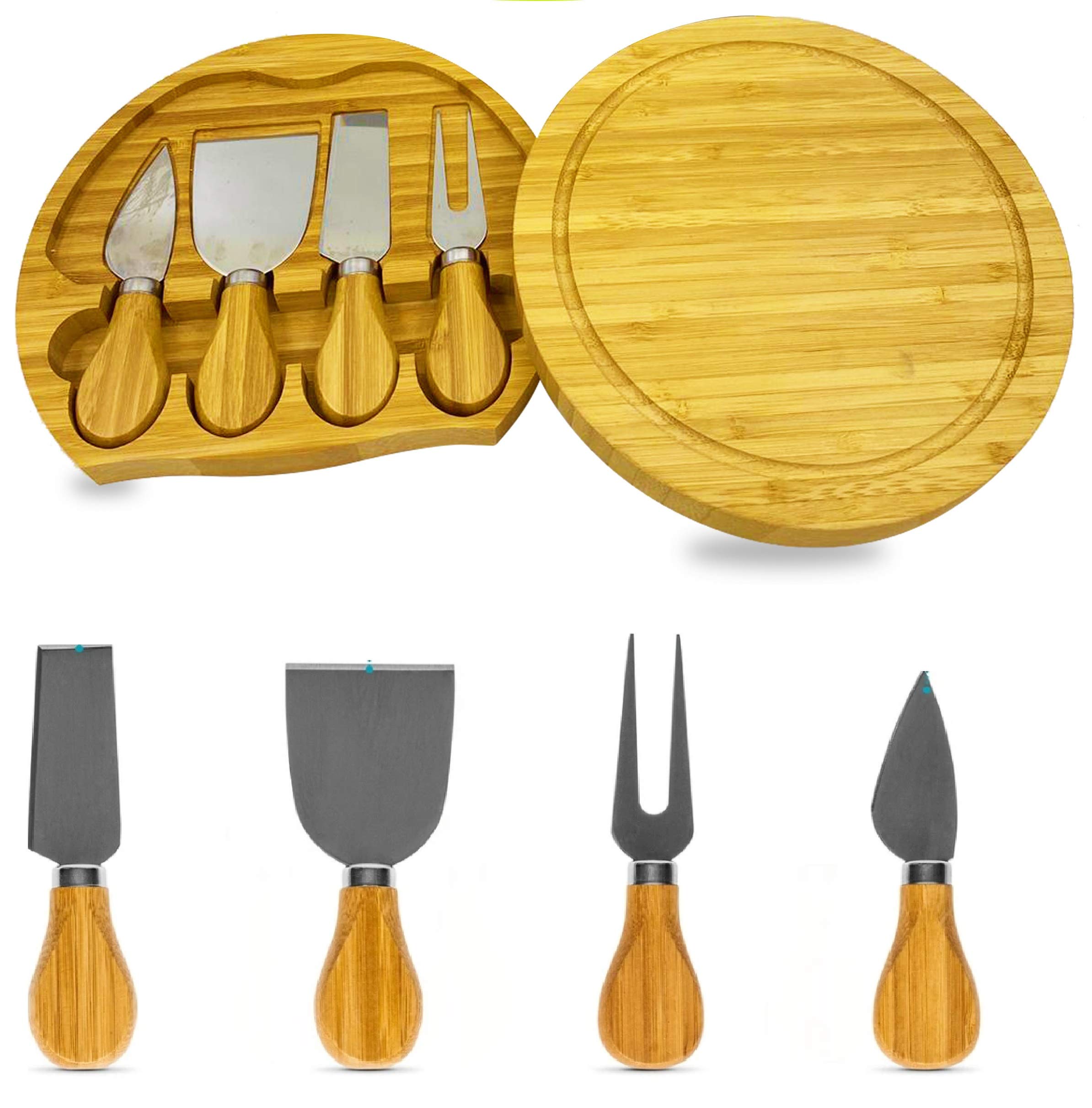 Cheese Board with Cheese Tools Round Cutlery Set Bamboo Charcuterie Board Set With 4 Knives Comes with Slide Out Drawer Platter Serving Tray Durable Best Gift for Wedding Birthday Housewarming (20)